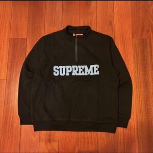 Supreme Men's Black Zip-Up Sweater with Blue Logo